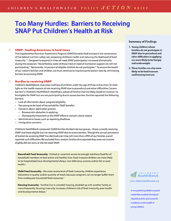 Report Cover - Too Many Hurdles: Barriers to Receiving SNAP Put Children's Health at Risk