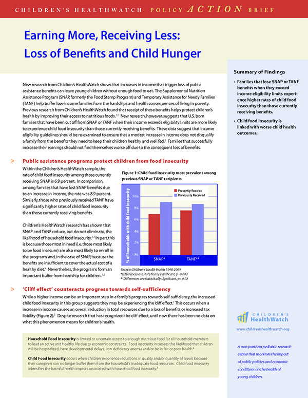 Report Cover - Earning More, Receiving Less: Loss of Benefits and Child Hunger