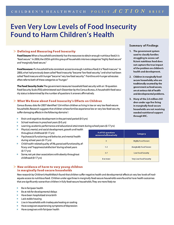 Report Cover - Even Very Low Levels of Food Insecurity Found to Harm Children's Health