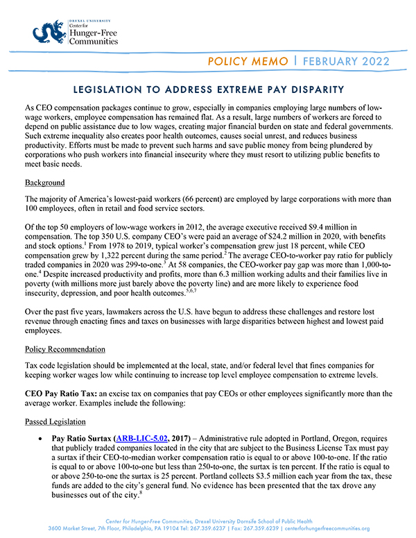 Policy Memo: Legislation to Address Extreme Pay Disparity