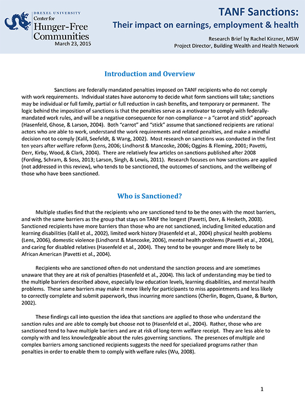 Report Cover - TANF Sanctions: Their Impact on Earning, Employment and Health