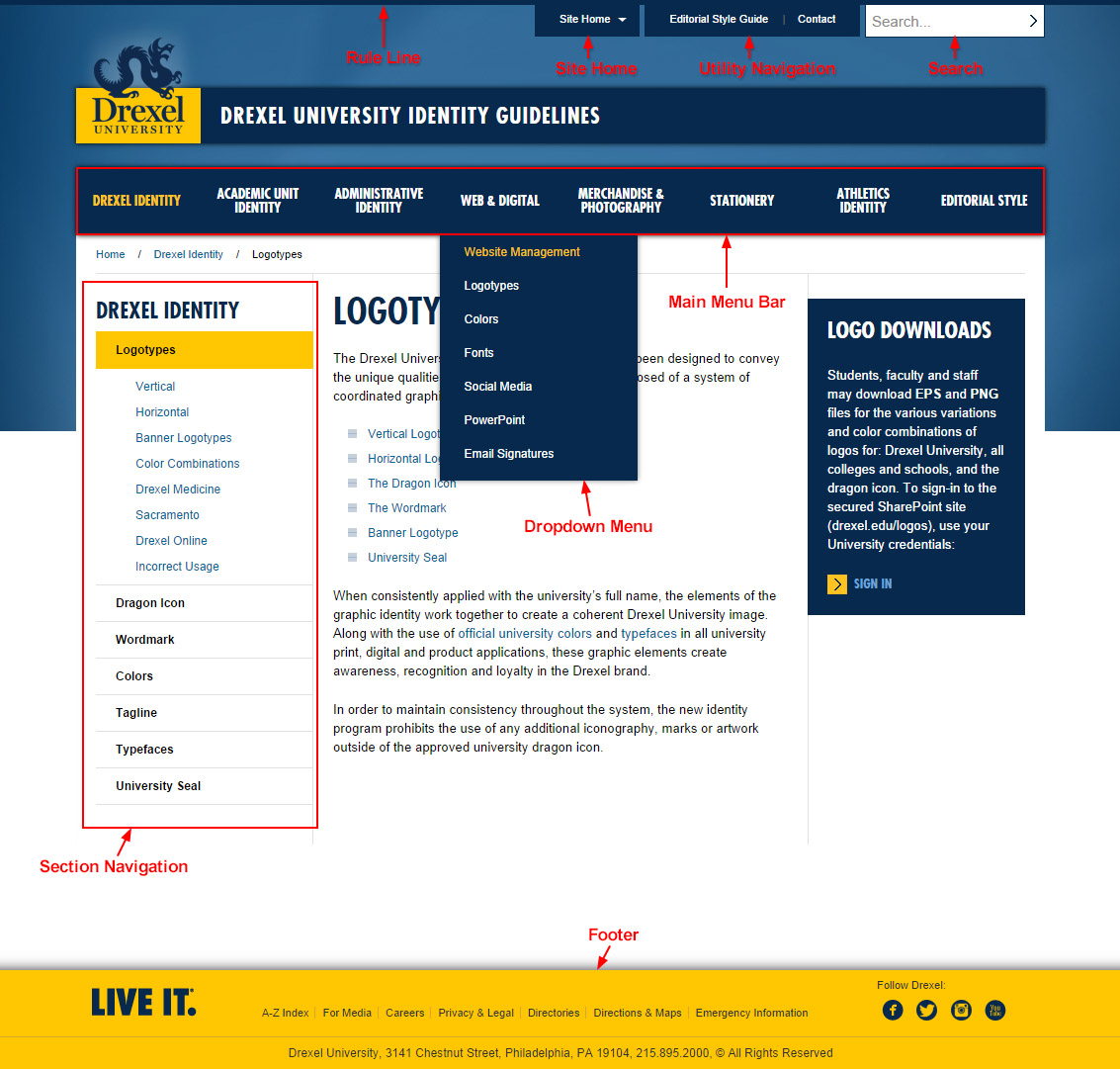 Drexel Website Showing Required Global Elements
