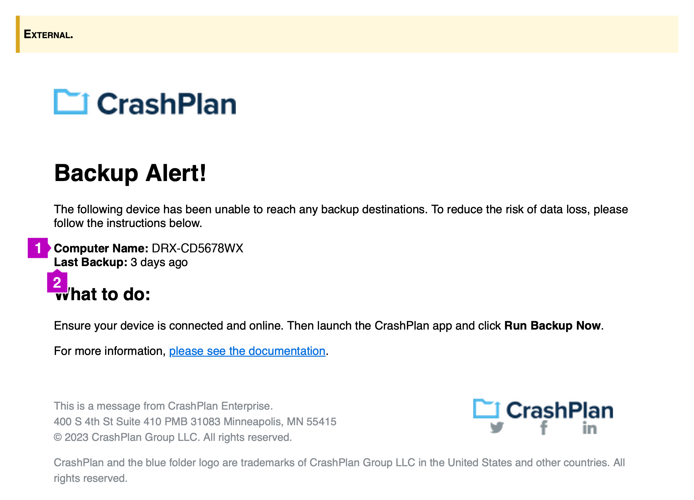 Screenshot of a CrashPlan Backup Alert email with callouts.