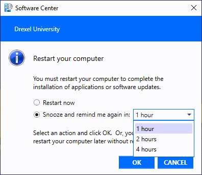 Software Center notification to restart your computer or snooze the notification.