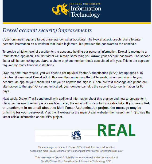 Real Email from Drexel IT: Multi-Factor Authentication Coming Soon