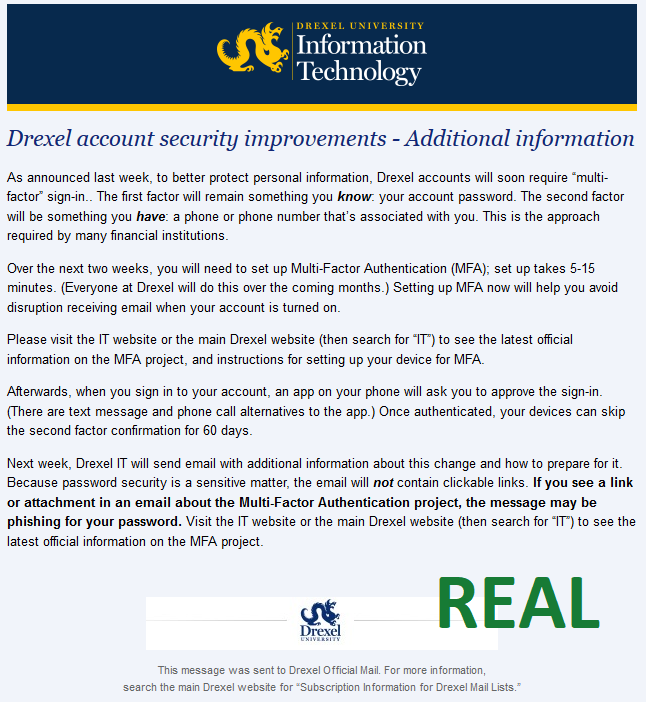 Real Email from Drexel IT: Multi-Factor Authentication Coming Soon