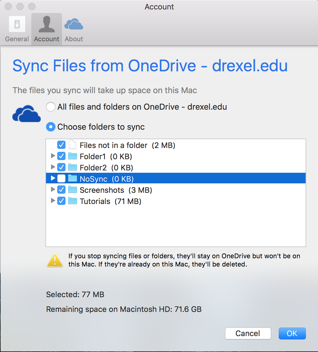 Mac OneDrive Sync Folder List