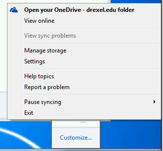 OneDrive System Tray Options
