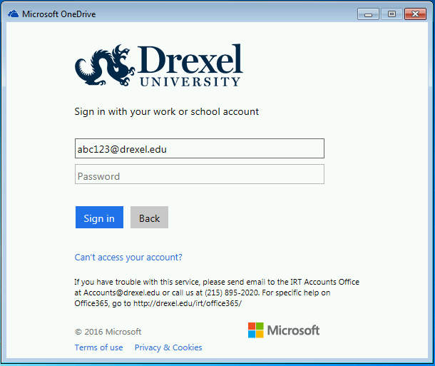 OneDrive PC Sign In with Drexel Logo