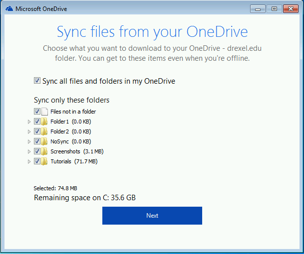 OneDrive PC Select Folders to Sync