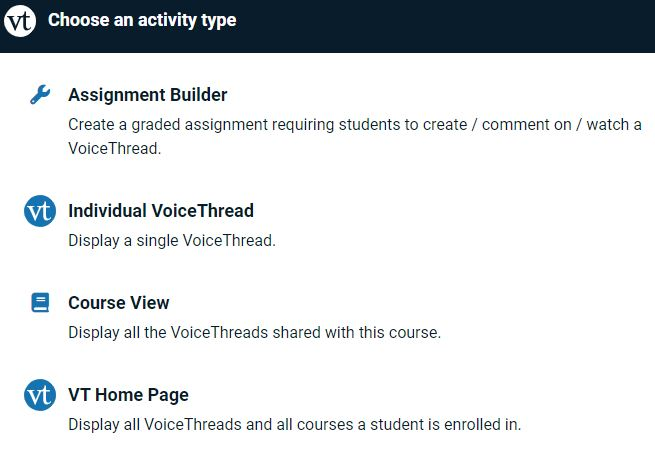 4 buttons are available to determine what type of VoiceThread link is being created