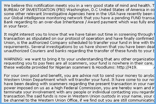 FBI Funds Email Scam
