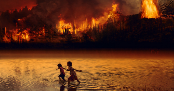 children running in water with fire in the background