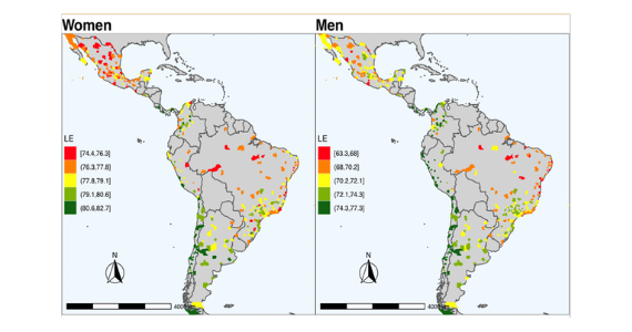 Latin American map w/men and women mortality info