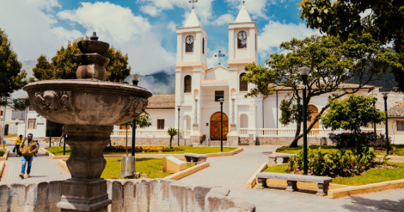 empty fountain in front of church
