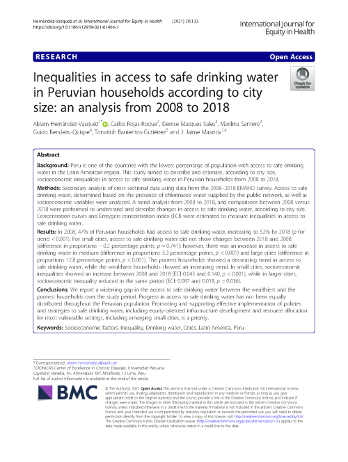 Inequalities in access to safe drinking water in Peruvian households according to city size: an analysis from 2008 to 2018