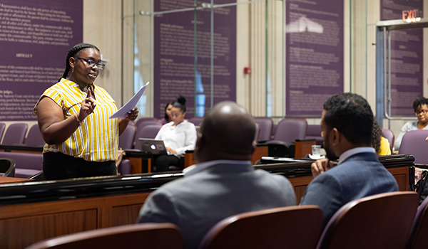 A 2019 summer immersion student argues a case during mock trial at the Kline Institute of Trial Advocacy.