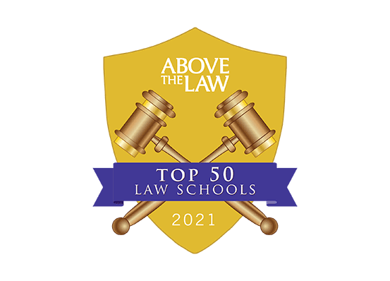 Gold and purple badge with the following text: Above the Law Top 50 law Schools 2021