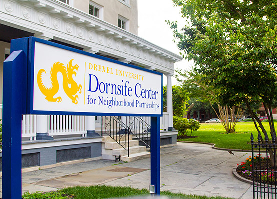 Drexel University Dornsife Center for Neighborhood Parternship exterior sign and building facade