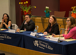 Ballard Spahr partner Katayun Jaffari, University of Pennsylvania neuropsychiatrist Anup Sharma and Court of Common Pleas Judge Lisa Rau at mindfulness panel moderated by Professor Chapin Cimino 