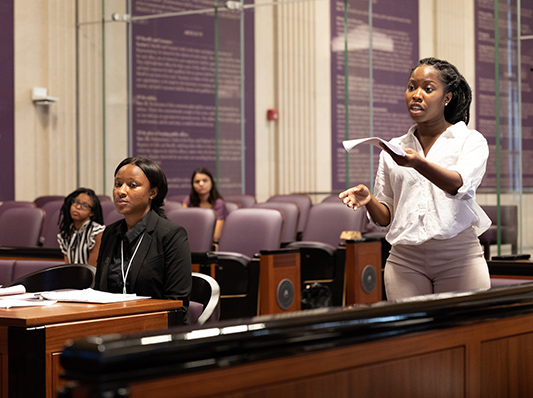 Sharifa Rowe participates in a mock trial exercise during the 2019 Stephen and Sandra Sheller Diversity Pipeline Program.