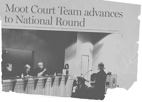Photo of student facing judges in Kline moot court competition stylized with newspaper effect