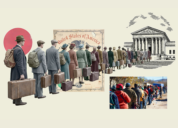 A collage featuring lines of people waiting to enter government buildings.