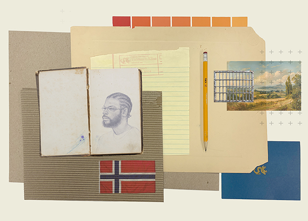 A collage featuring a hand-drawn protrait in a journal, textured paper, a pencil and the Norwegion flag.