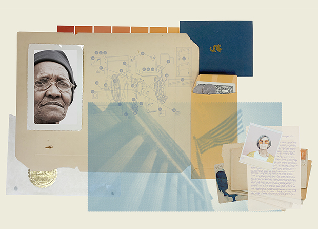 A collage featuring a portrait photo of a woman, an illustration with an exploded view of a wheelchair, a handwritten letter and textured paper.