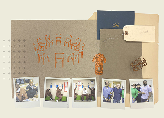 A collage featuring nine chairs in a circle, textured paper and polaroid-style photos.