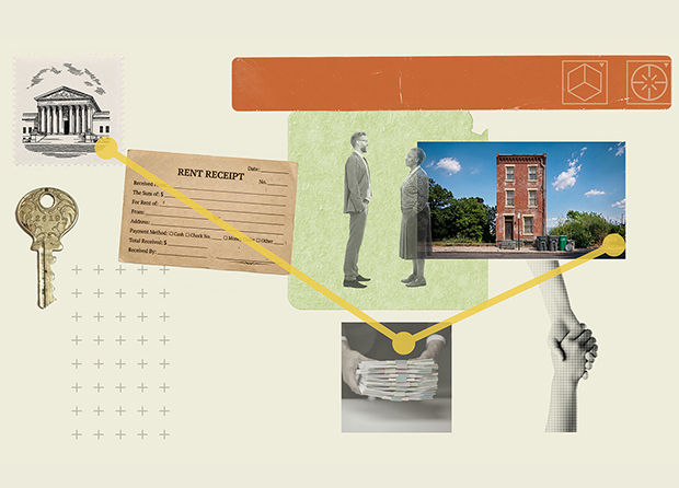 A collage featuring a key, rent payment receipt, a handshake and a photo of a house.