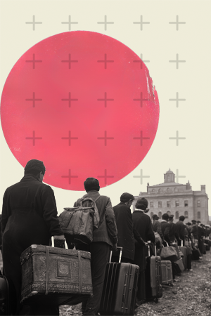 A collage featuring a line of people waiting outside of a government building.