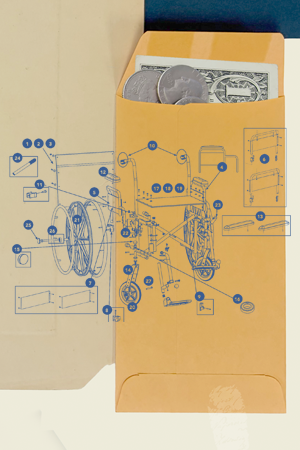 A collage featuring an exploded view of a wheelchair, a dolar bill and textured paper.