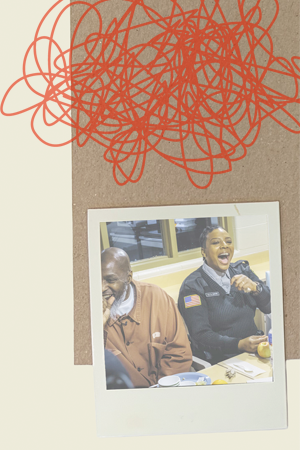 A collage featuring a Polaroid-style photo, textured paper and ball of string.