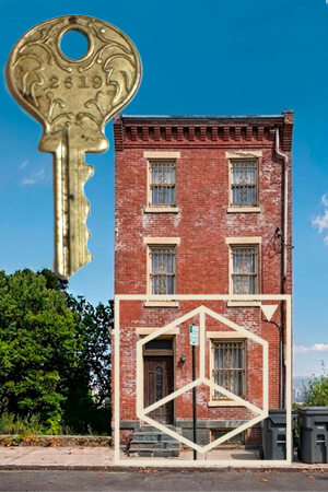 A collage featuring a key and photo of a residential building.