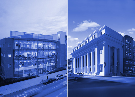 On the left, a photo of the law school building on Market Street in University City. On the right, a photo of the Kline Institute of Trial Advocacy in downtown Philadelphia.