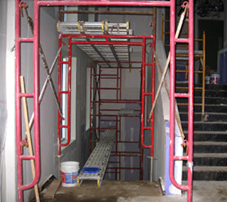 Construction of new building on Drexel Queen Lane campus, 2009 - interior lobby stairs. (The Legacy Center Archives and Special Collections)
