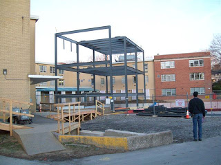 Construction of new building on Drexel Queen Lane campus, 2009 - steel frame. (The Legacy Center Archives and Special Collections)
