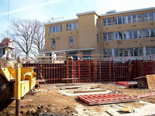 Construction of new building on Drexel Queen Lane campus, 2009 - concrete forms. (The Legacy Center Archives and Special Collections)