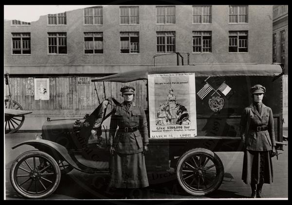 American Women's Hospital Service workers in front of ambulance. (The Legacy Center Archives and Special Collections)