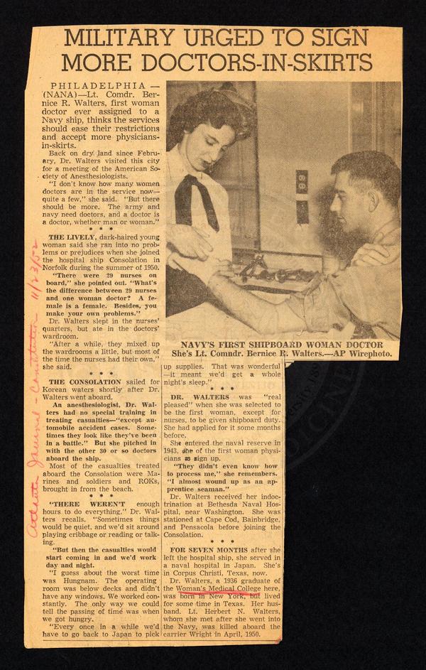 Newspaper clipping: Military urged to sign more doctors-in-skirts. (The Legacy Center Archives and Special Collections)