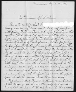 Letter from a patient to Woman's Medical College of Pennsylvania Dean Dr. Rachel Bodley, 1886. (The Legacy Center Archives and Special Collections)