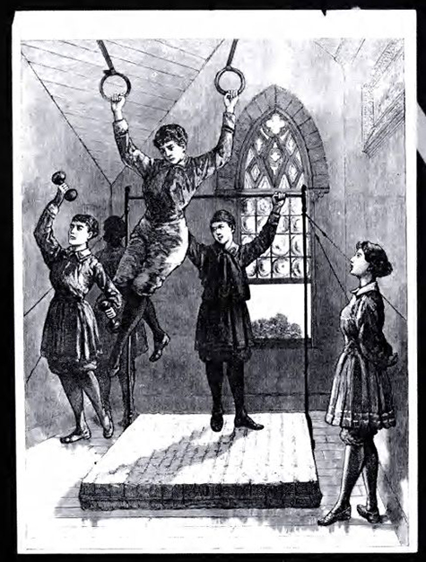 Women working out in the Woman's Medical College of Pennsylvania gymnasium. Copy photograph of print from Frank Leslie's Illustrated Newspaper, April 7, 1888, p. 125. (The Legacy Center Archives and Special Collections)