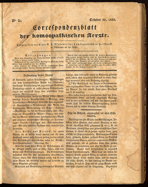 Correspondenzblatt der Homoeopathischen Aerzte, October 22, 1835. (The Legacy Center Archives and Special Collections)