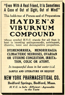 Drug advertisement from the Medical Women's Journal, 1924, featuring viburnum. (The Legacy Center Archives and Special Collections)