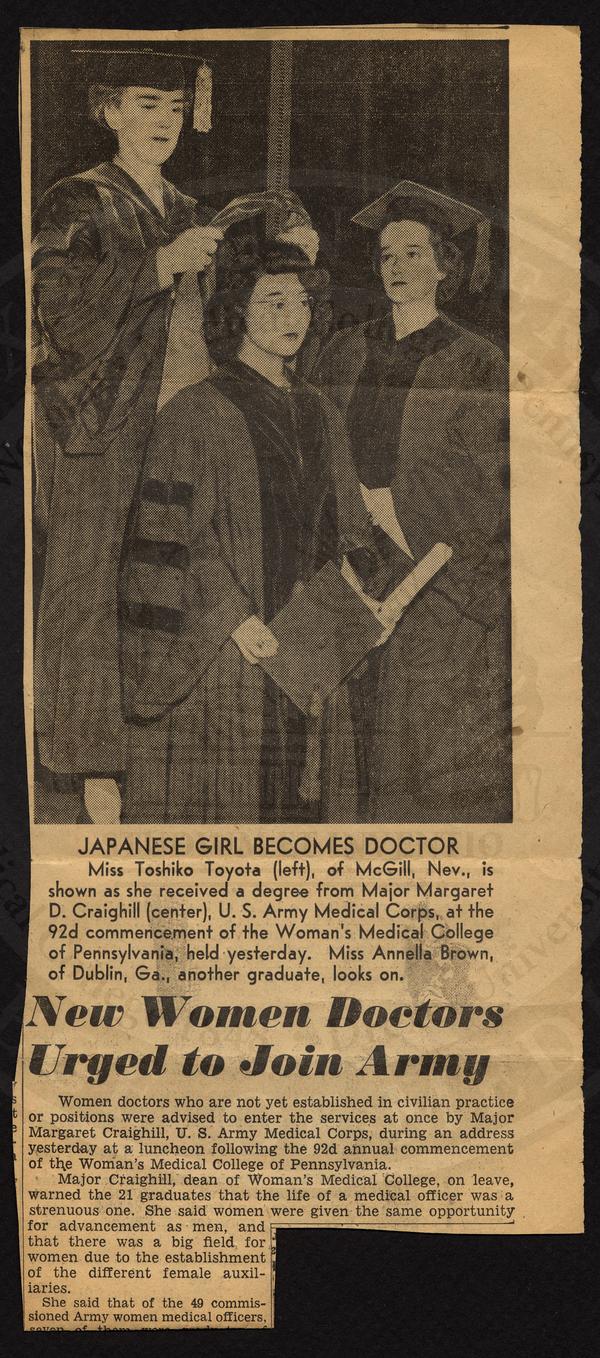 Newspaper clipping: Japanese girl becomes doctor; New women doctros urged to join the Army. (The Legacy Center Archives and Special Collections)