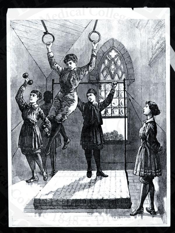 Illustration of women working out in the Woman's Medical College of Pennsylvania gymnasium. (The Legacy Center Archives and Special Collections)
