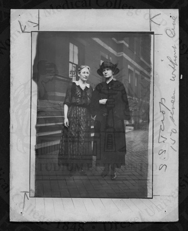 Marie Curie and Martha Tracy in front of Woman's Medical College of Pennsylvania. (The Legacy Center Archives and Special Collections)