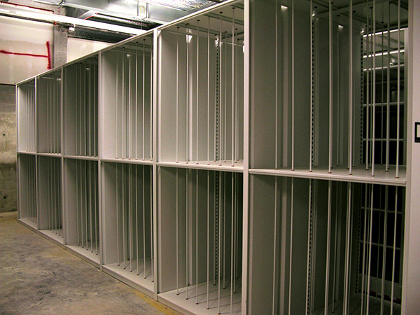 Art shelving in the stacks storage space. (The Legacy Center Archives and Special Collections)