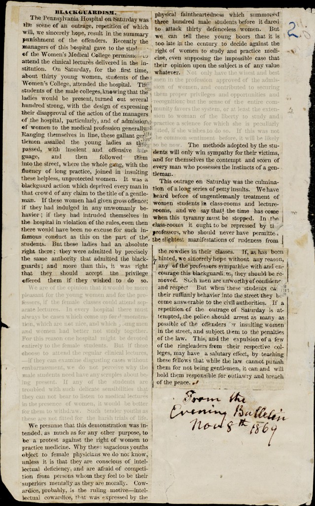 "Blackguardism," newspaper clipping from the Evening Bulletin, November 8, 1869 from Woman's Medical College of Pennsylvania clipping scrapbook: Volume 1 (The Legacy Center Archives and Special Collections)